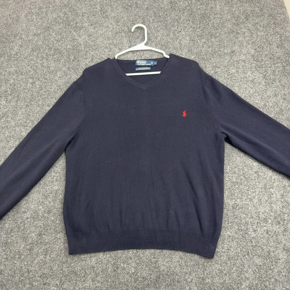 Polo Ralph Lauren Sweater Mens L Navy Blue Pima Cotton V Neck Classic Preppy
